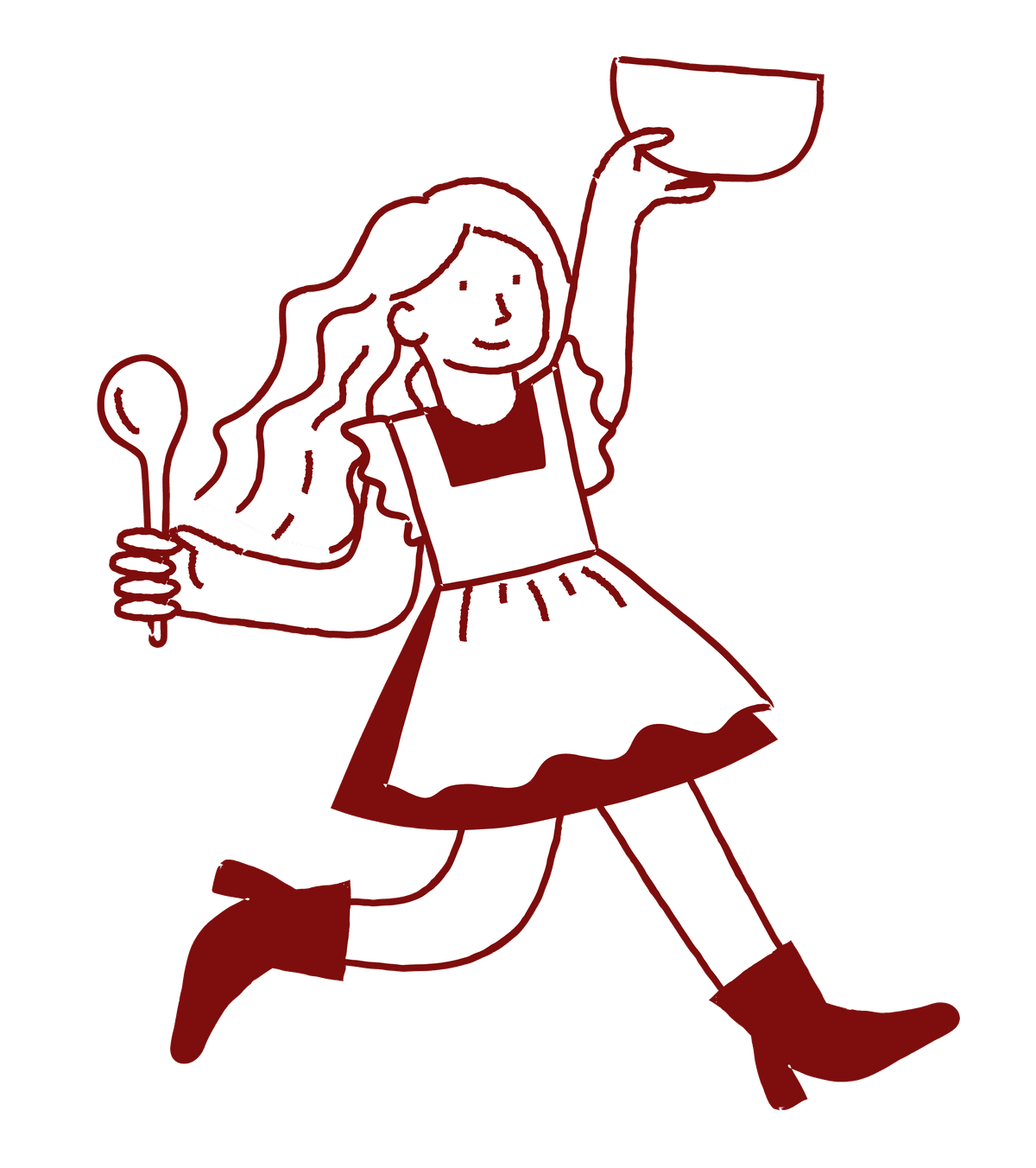 Hand-drawn illustration of the Melting Bites baker running with a mixing bowl and spoon
