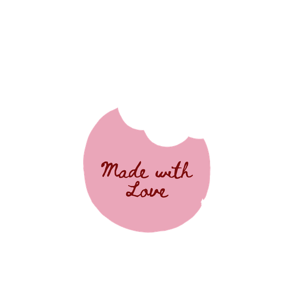 Hand-drawn bitten-cookie stamp reading "Made with Love"